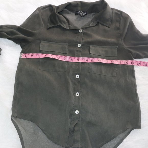 "About a Girl" Sheer Olive Green Button-Down Shirt - Size Small - Picture 9 of 11